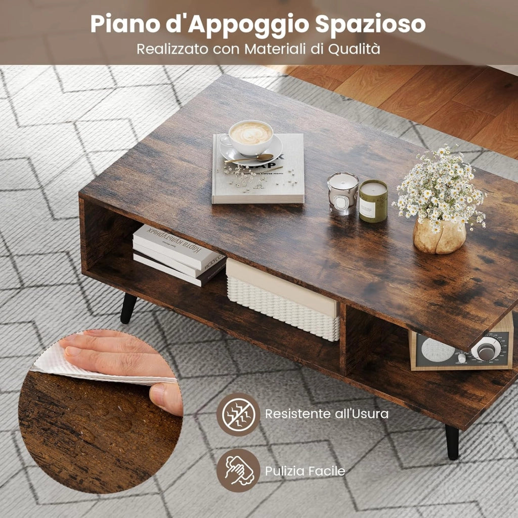 Tavolino da Caffè a 2 Livelli, Tavolino Moderno con Gambe in Metallo e Ripiano, Tavolo Centrale Rettangolare per Soggiorno, Studio e Ufficio (Marrone)