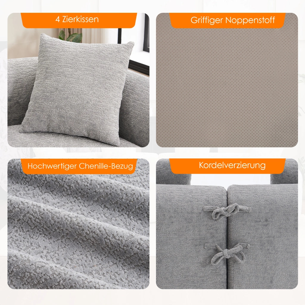 Divano angolare modulare 4 posti in ciniglia con design curvo e seduta ampia, per salotto, grigio 275 × 115 × 63 cm