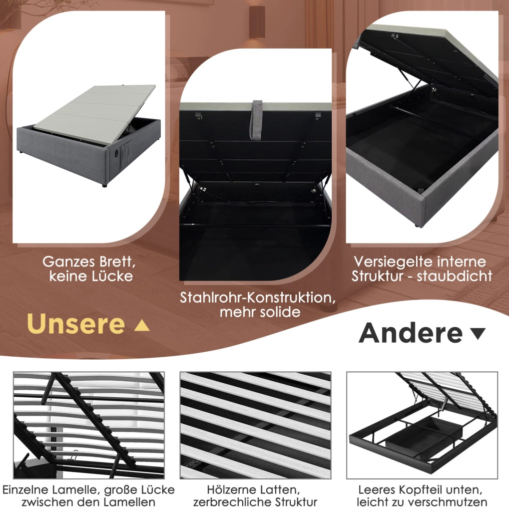Letto contenitore 160x200 cm con USB e Type-C; senza testiera; in cotone lino; grigio
