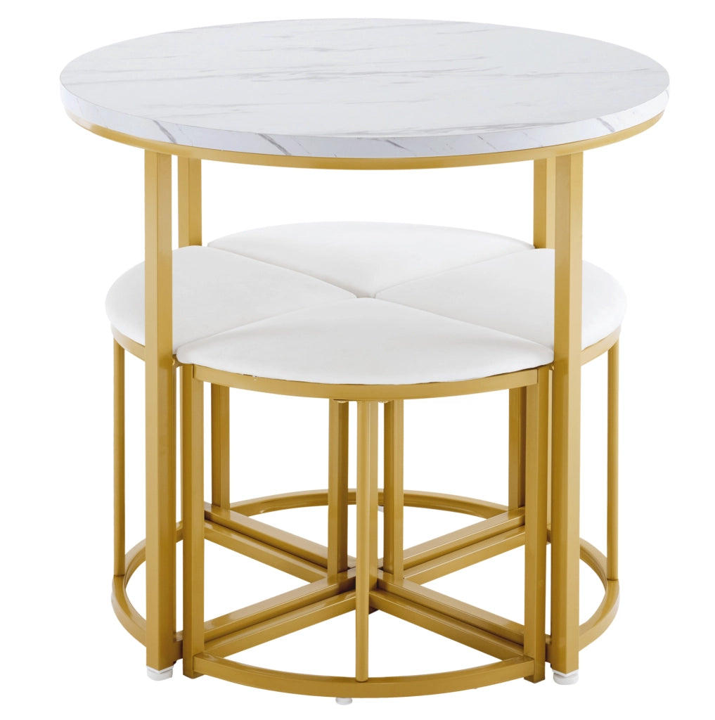Set da pranzo con tavolo rotondo 80x80x75 cm e 4 sedie; MDF bianco e metallo oro
