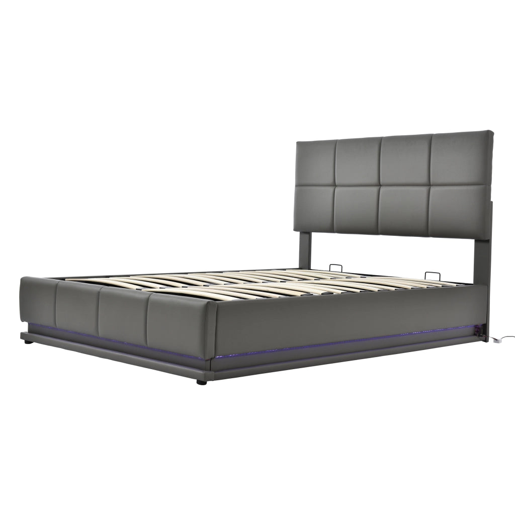Letto doppio imbottito 140x200cm con luce LED e riporzione in grigio