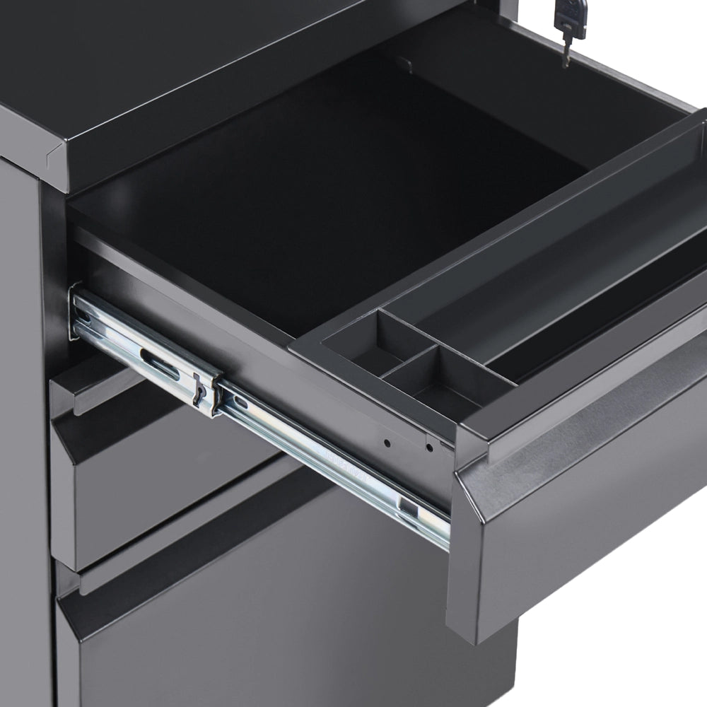 Mobile contenitore in acciaio nero a 3 cassetti con rotelle in plastica e serratura a chiave per ufficio moderno