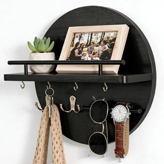 Sostegno a muro per chiavi, cassettone per chiavi vintage, cassetto per le chiavi in legno con ganci per le chiavi, supporto per le chiavi rotondo con 6 ganci per le chiavi per soggiorno, ufficio, cucina, camera da letto, ingresso (nero)