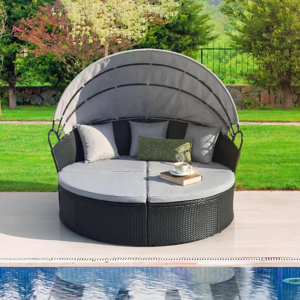 2 in 1 Isola Prendisole da Giardino per 2 Persone, Lettino Prendisole in Rattan con Tettuccio Retrattile, Divanetto Letto da Esterno con Cuscini per Terrazzo Balcone, 187x180x157 cm (Grigio)