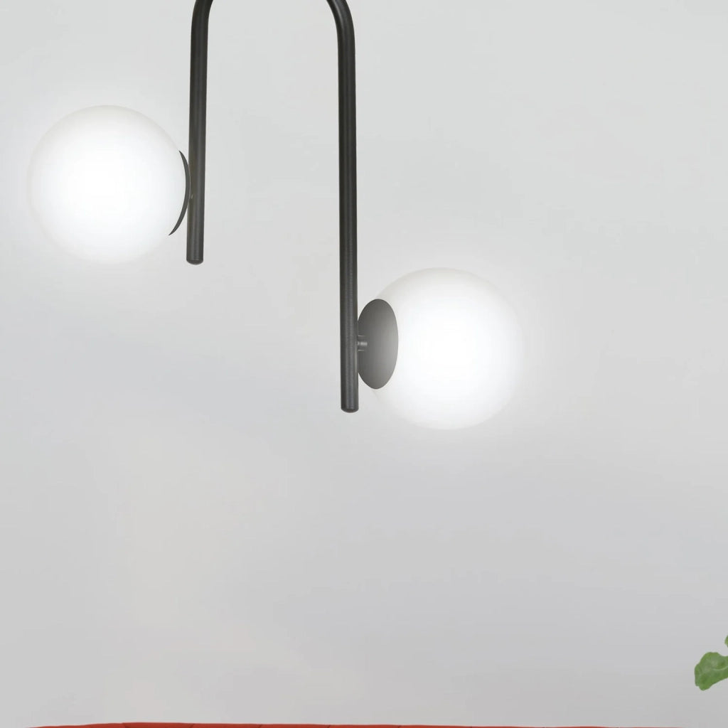 Lampadario 2 Luci Rama In Acciaio Nero A Bracci E Sfere In Vetro Opalino