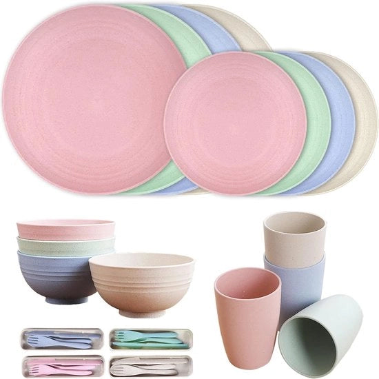 Set da campeggio da 32 pezzi, composto da 32 pezzi di servizio, set da tavola da esterno in 4 colori adatto per cenoni di famiglia, picnic e campeggio