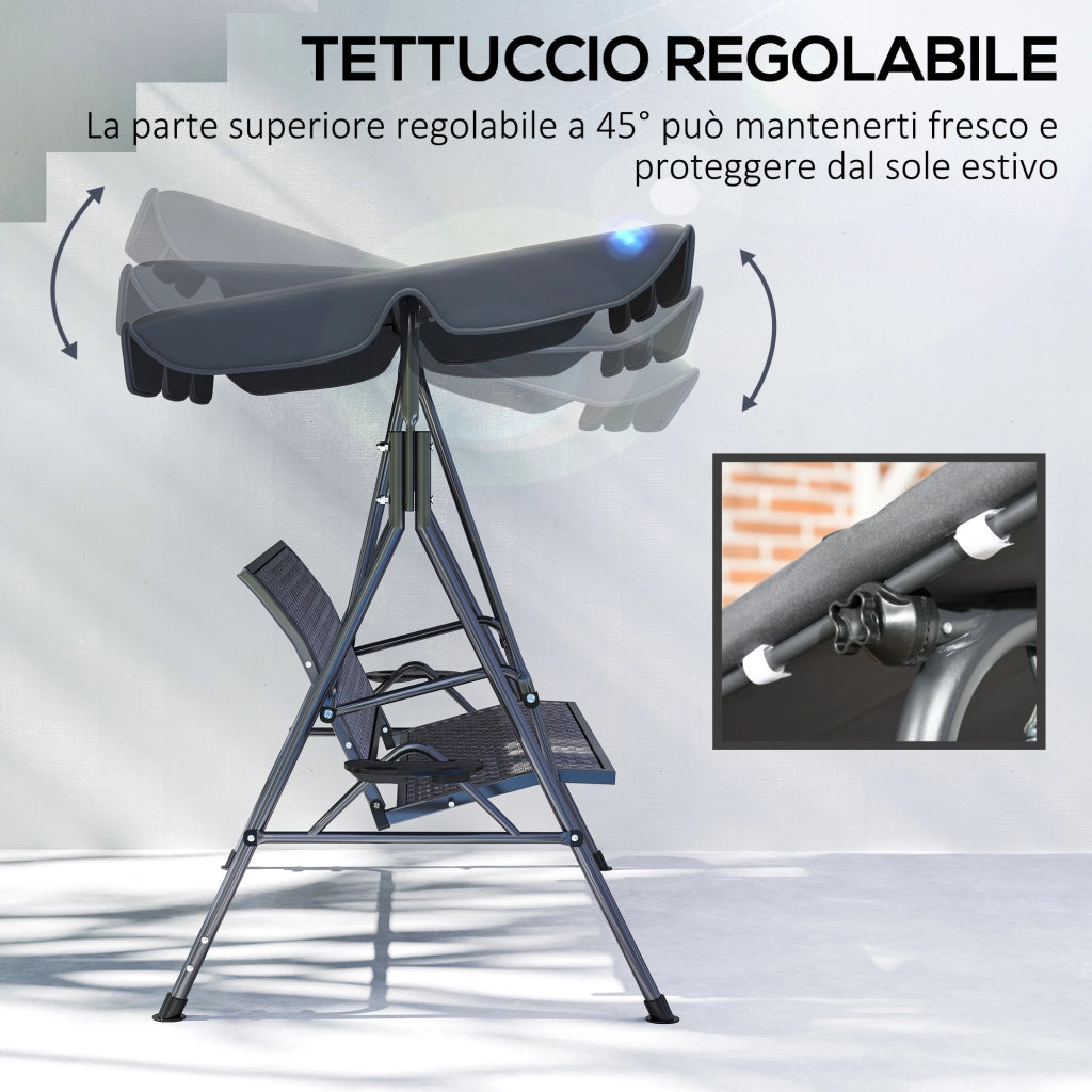Dondolo da Giardino 3 Posti in Rattan PE e Acciaio con Tettuccio e Portabicchieri, 204x112x150 cm, Grigio