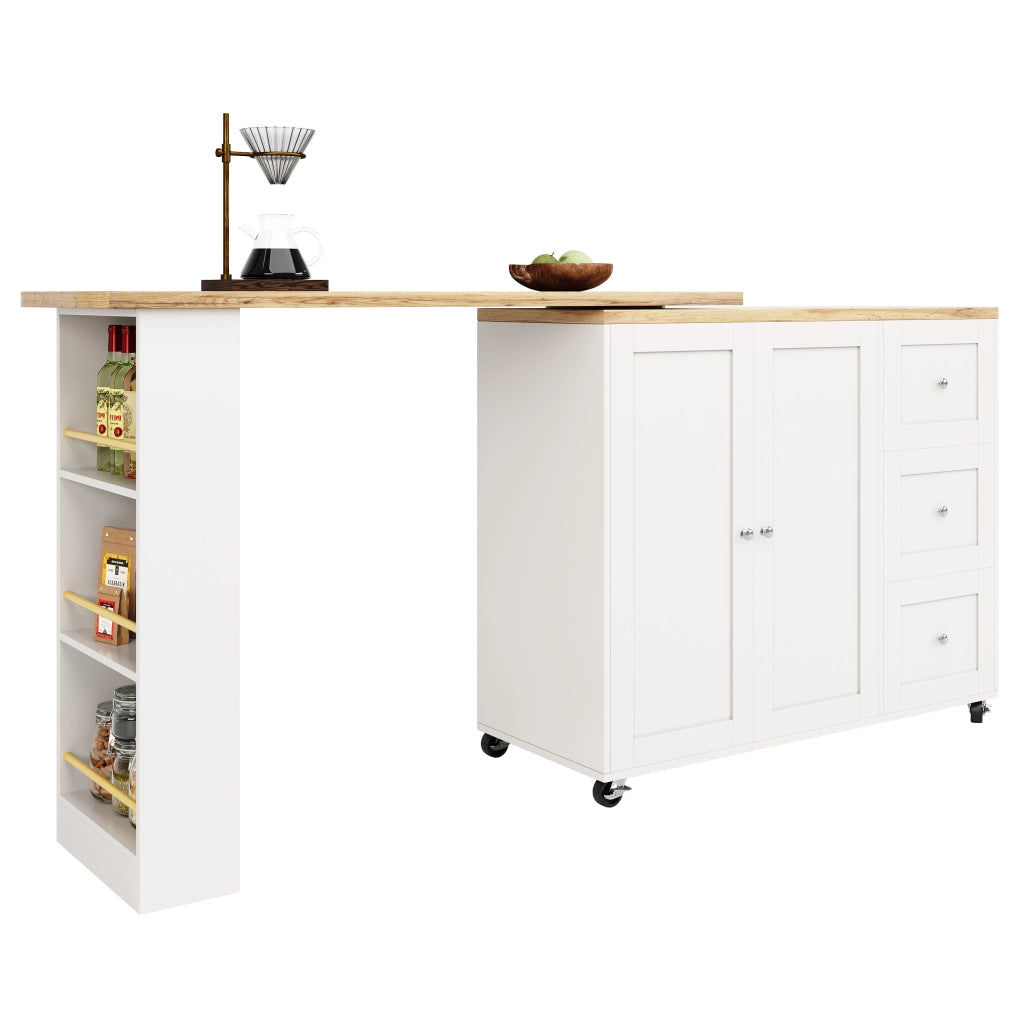 Mobile bar girevole 360° con ruote, 203 x 39 x 104 cm, bianco, in MDF, con 3 cassetti e portasnack