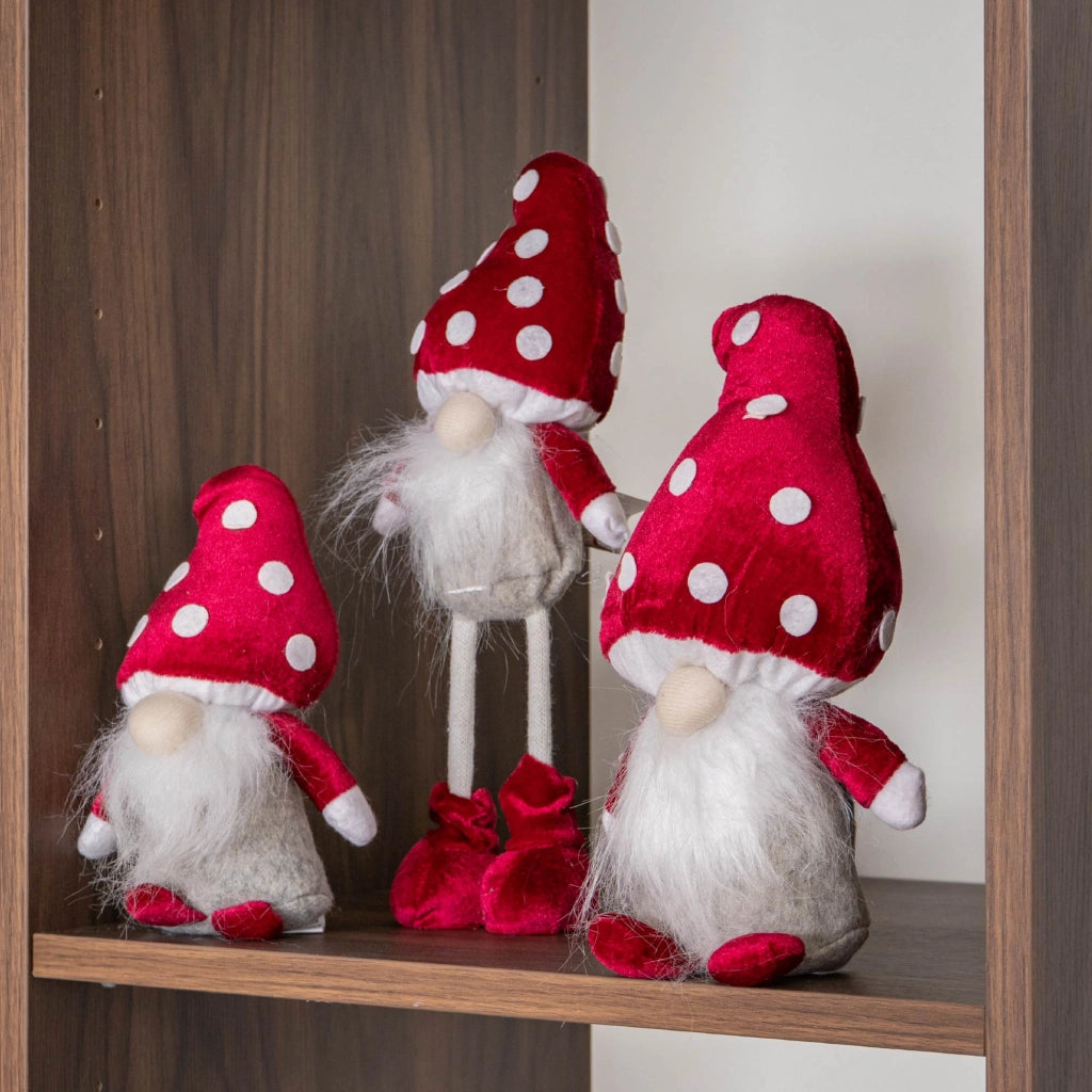Set 3 Gnomi Natalizi Decorativi con Cappello a Forma di Fungo in Stoffa Rosso e Bianco Decorazioni di Natale per Casa Altezze 22/25/35 cm