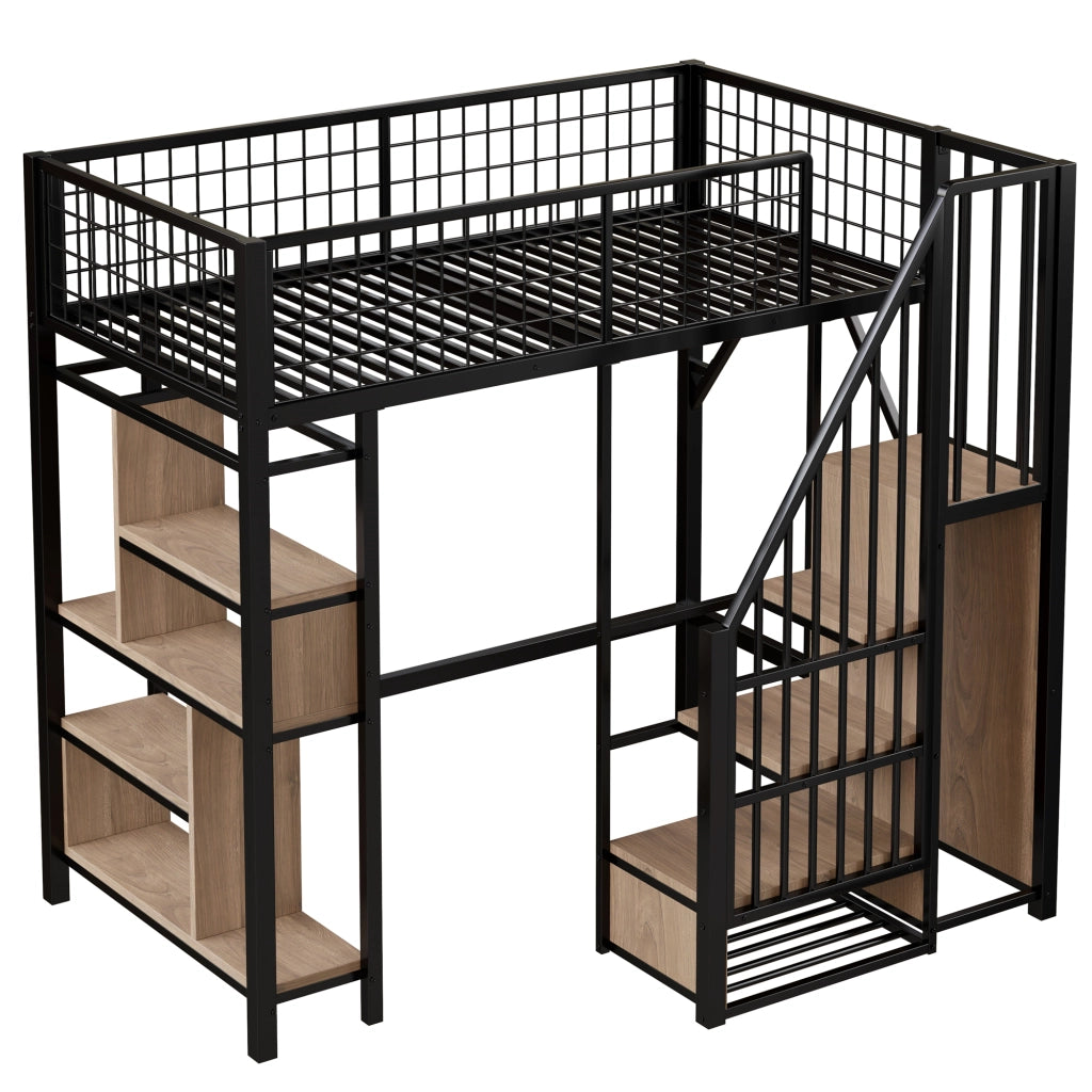 OKWISH Letto a Soppalco 90×200 cm, Letto Singolo con Scala Contenitore, Scomparti e Mensole, senza Materasso, Nero