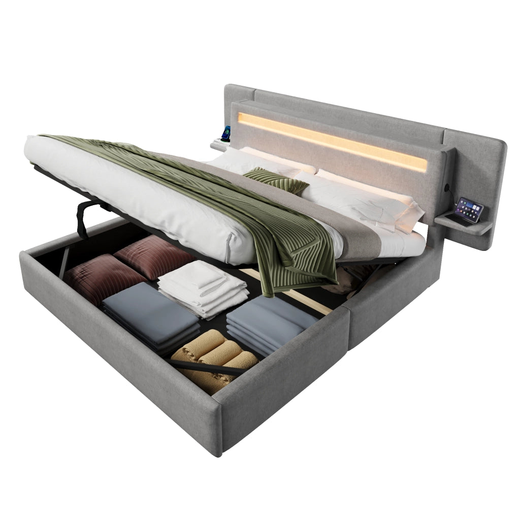 Letto imbottito 180x200 cm con contenitore ad alzata idraulica; LED multicolore e USB; grigio
