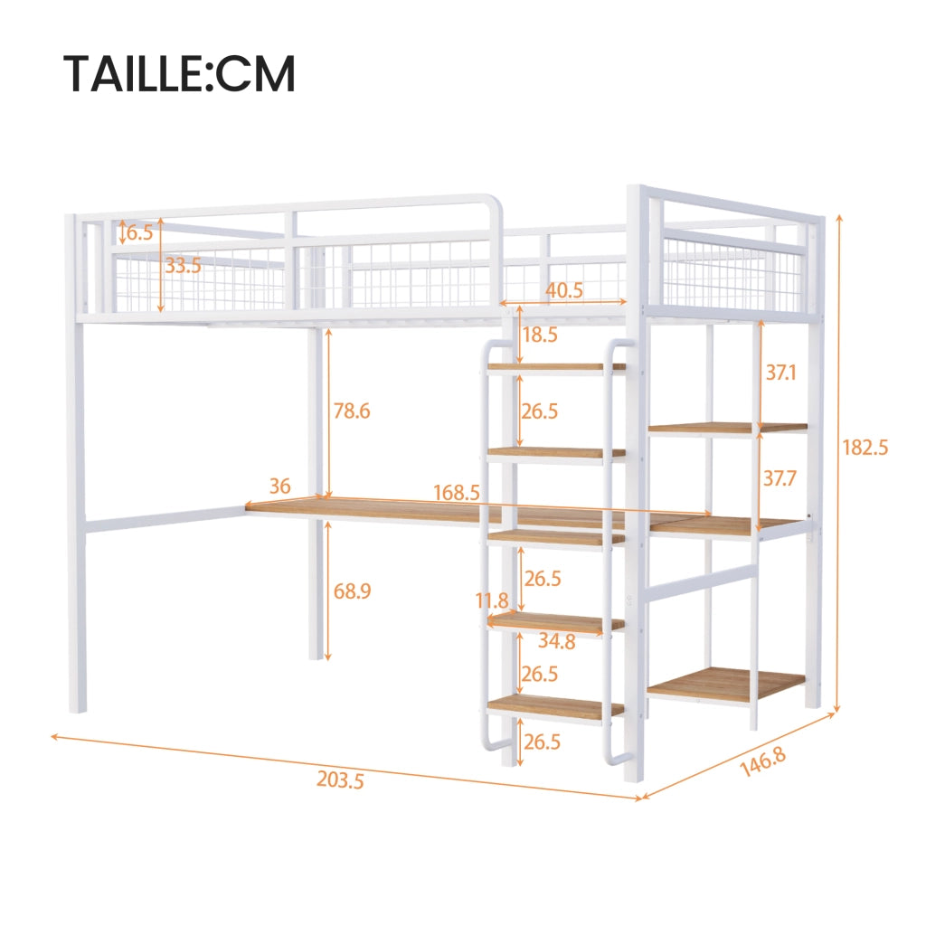 Letto a soppalco matrimoniale 140×200 cm con scala di sicurezza; tavolo e ripiani; senza materasso; metallo; bianco