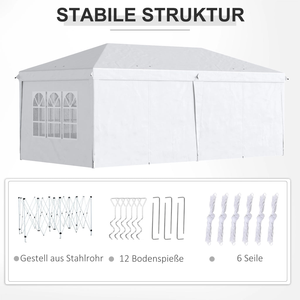 Gazebo da giardino pieghevole Padiglione 5.85 x 2.95 m con protezione UV tenda con pareti laterali e finestre porte con cerniera acciaio bianco