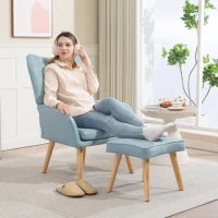 Poltrona con Poggiapiedi, Schienale Alto Trapuntato, Gambe in Legno e Rivestimento in Lino, Azzurro Chiaro