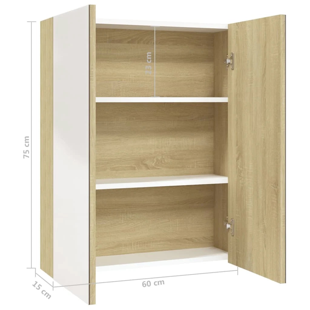 Mobiletto con specchio da bagno 60 x 15 x 75 cm bianco e rovere MDF 02_0006709