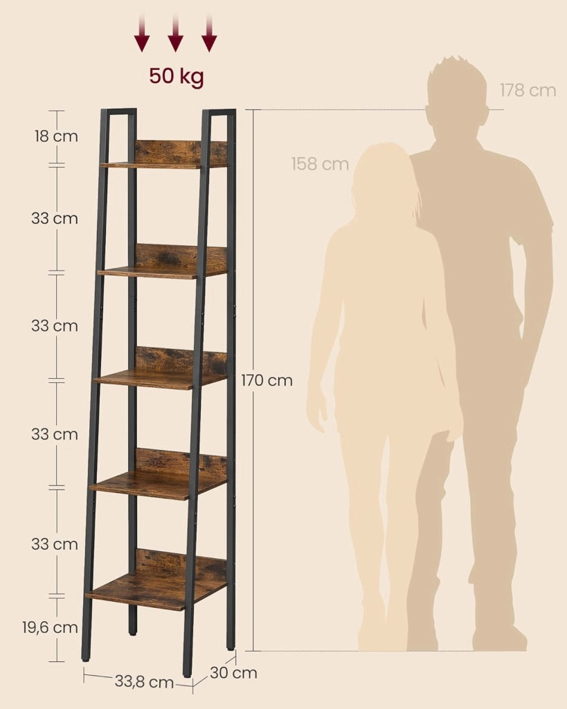 VASAGLE Scaffale a scala a 5 livelli, mobile portaoggetti su piedistalla, scrivania, soggiorno, camera da letto, cucina, stile industriale, marrone rustico e nero LLS109B01
