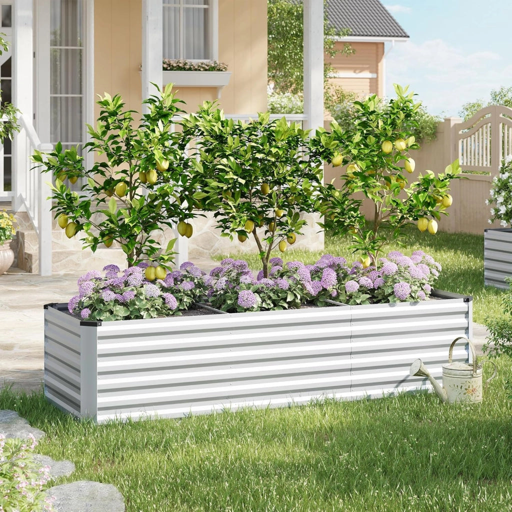 Fioriera rialzata per giardino, balcone, fioriera in robusta lamiera d'acciaio con design robusto, 238 x 56 x 80 cm, argento