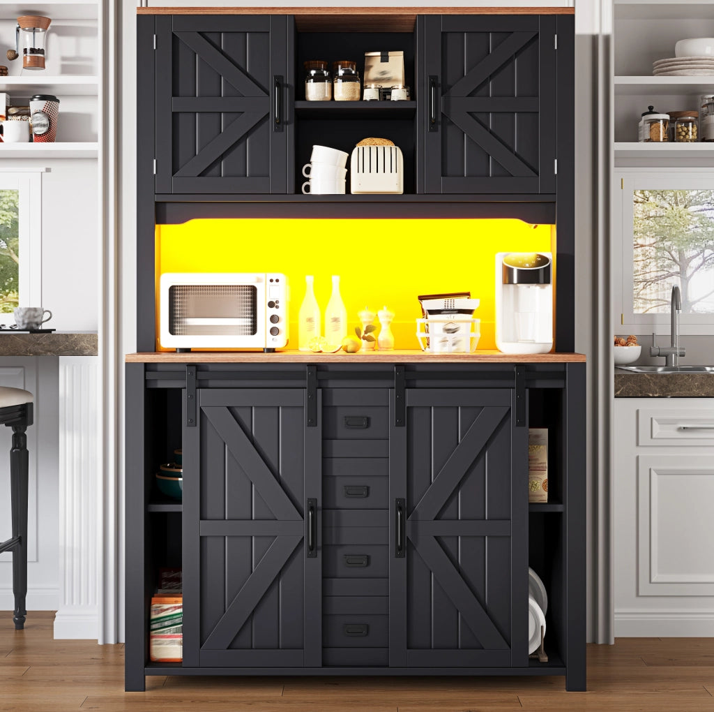 Credenza alta da cucina nera con LED e ante scorrevoli 115 cm