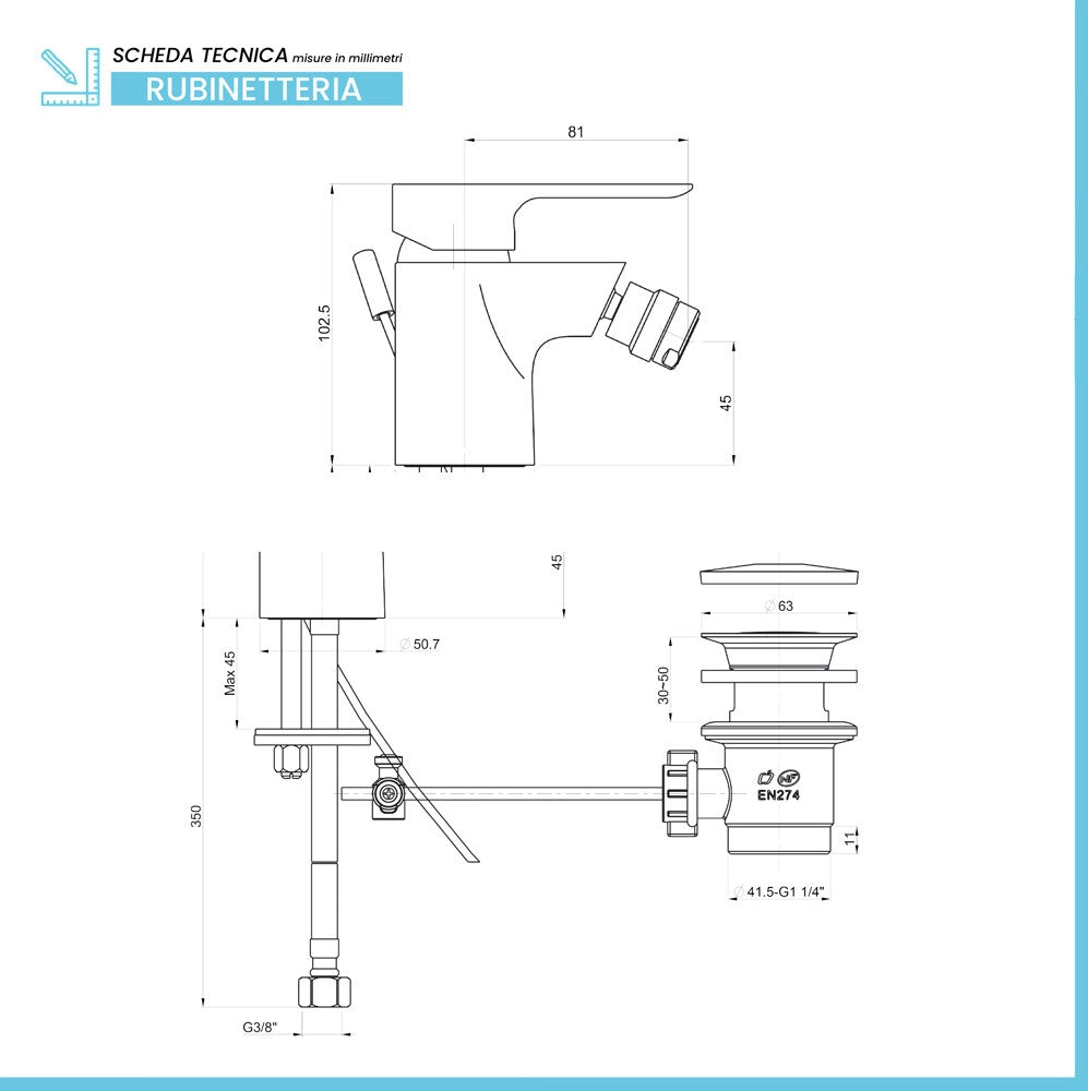 Set miscelatori lavabo bidet con pilette e doccia a due vie in ottone cromato lucido P3 Paini