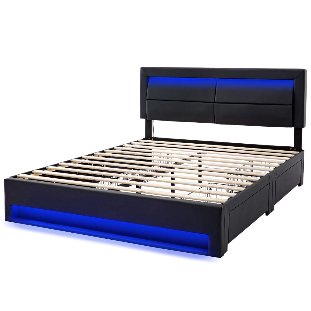 Letto Contenitore 140 x 200 cm; USB; LED e 4 Cassetti in PU Nero