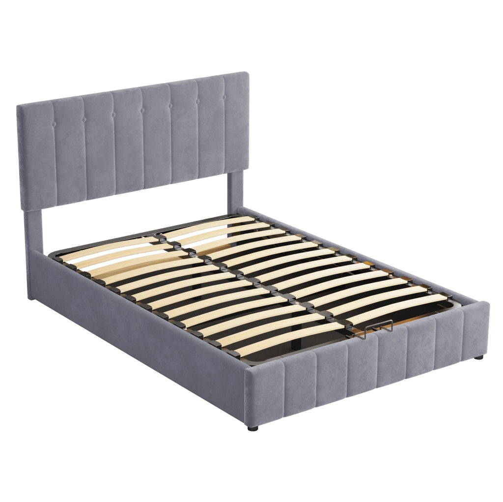 Letto imbottito contenitore 140x200 cm con rete a doghe; velluto grigio