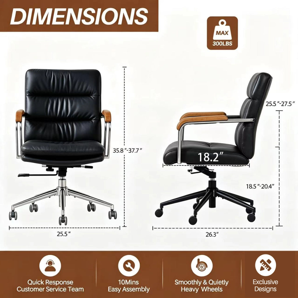 Sedia da ufficio girevole in pelle con altezza regolabile e supporto ergonomico, nera