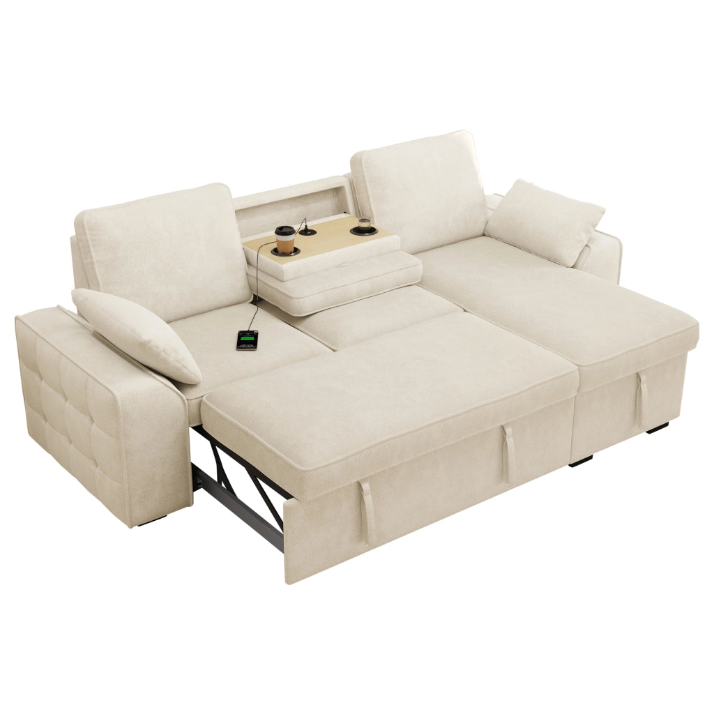 Divano angolare 3 posti - con funzione letto e contenitore - per soggiorno - in chenille beige