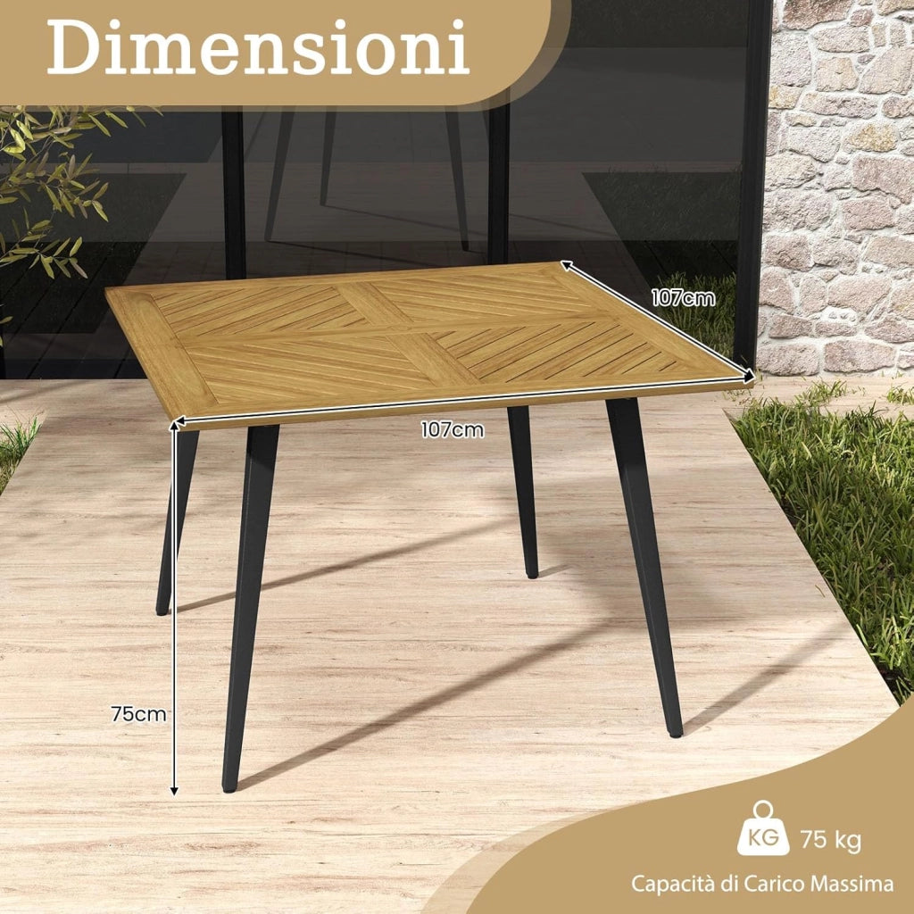 Tavolo da Esterno in Legno di Acacia, Tavolo Rettangolare con Struttura in Acciaio, Foro per Ombrellone 5 cm, Tavolo Pranzo Giardino per Giardino Cortile Balcone, Portata 75 kg (107 x 107 cm)