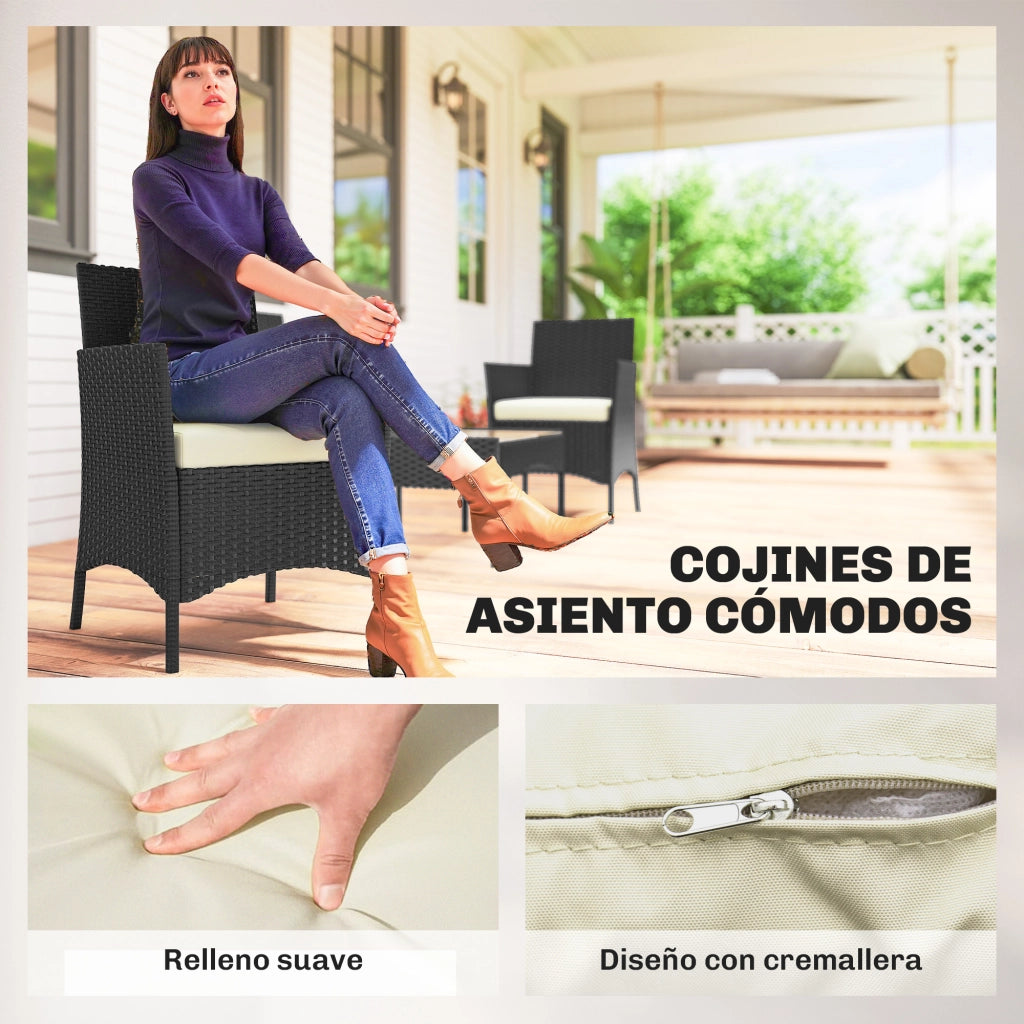 Set Divano Giardino in Polyrattan con Tavolino Vetro e Cuscini ¨C Zephmum ¨C Nero e Crema
