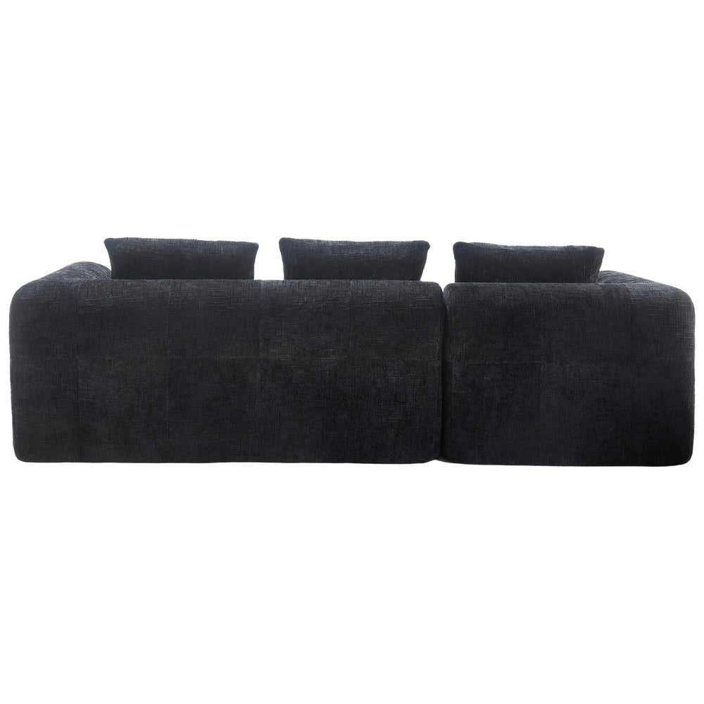Divano angolare 3 posti con chaise longue e braccioli ¨C Minimal ¨C nero chenille con 3 cuscini e tasche laterali