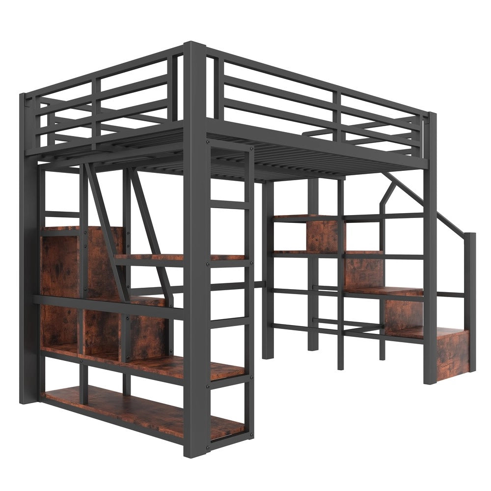 Letto a Soppalco con LED e Scaletta ¨C MINIMAL ¨C Nero, 140x200 cm