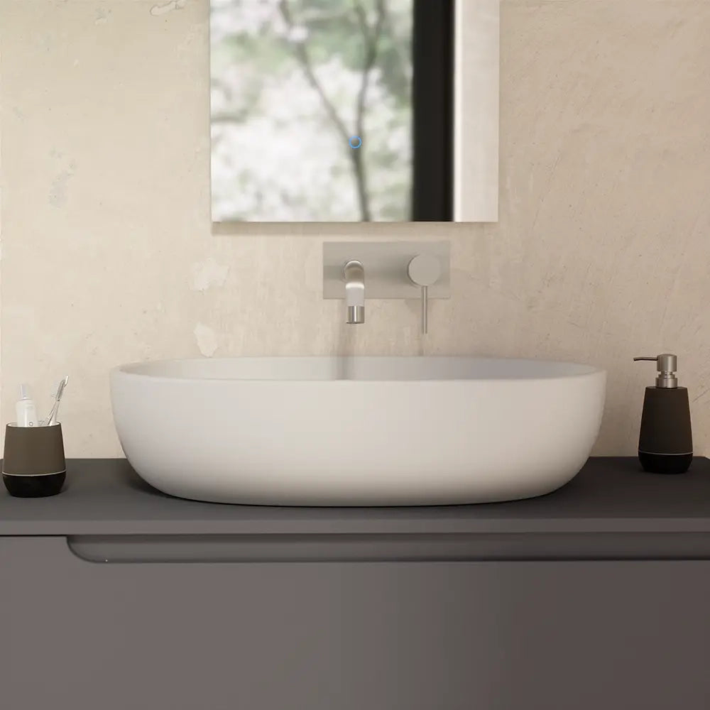 Lavabo da appoggio ovale con bordo slim 61x41x13,5 cm Bianco opaco