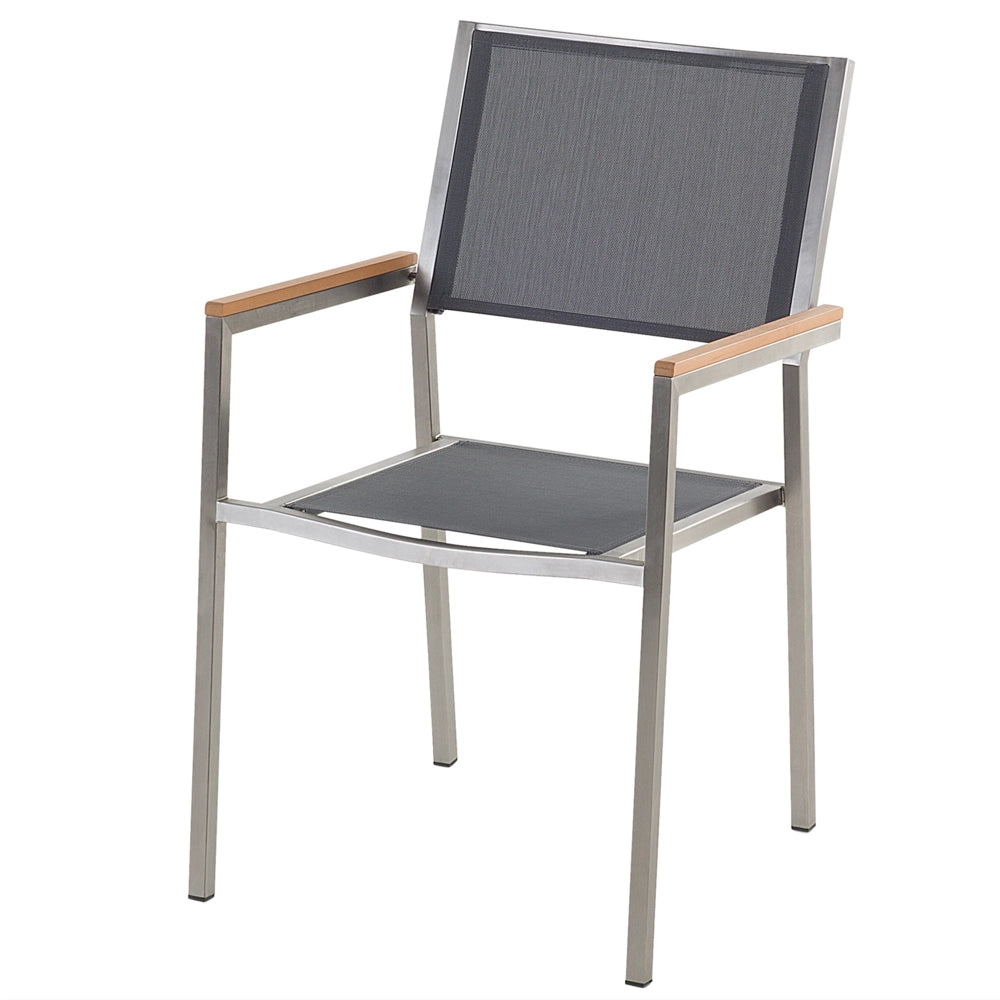 Set da giardino con 6 posti in acciaio inox con tavolo piano in vetro grigio e Sedie in tessuto grigio esterno moderno set elegante