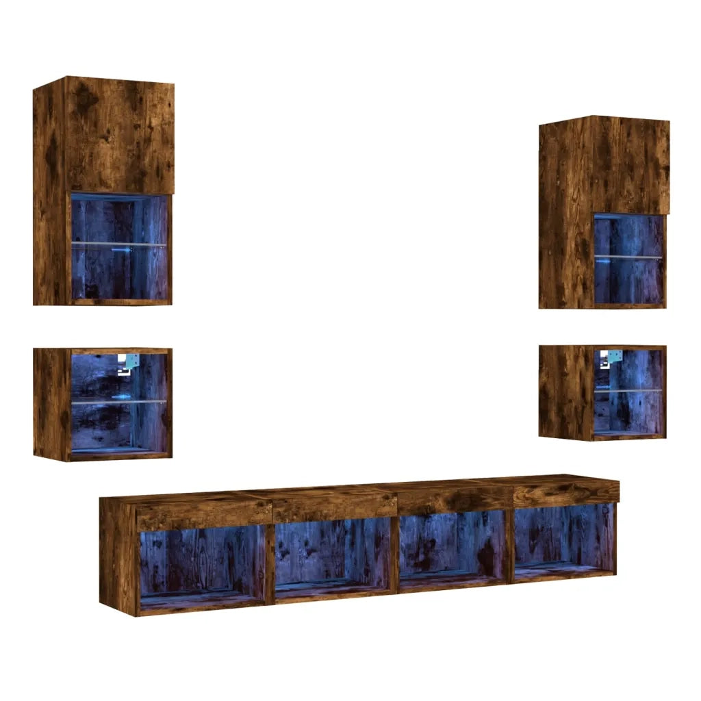 Mobili TV a Muro con LED 8pz Rovere Fumo in Legno Multistrato 3216594
