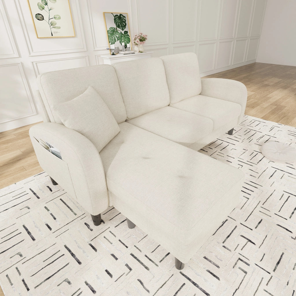 Divano angolare reversibile 3 posti con chaise longue, design modulare, in schiuma e tessuto, Beige chiaro