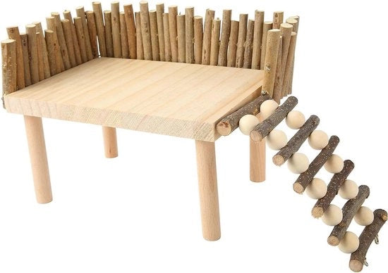 Piattaforma con scala per hamster e piccoli animali domestici - Giardino di gioco con cancello - Per pappagalli, gerbili, scoiattoli e ratti