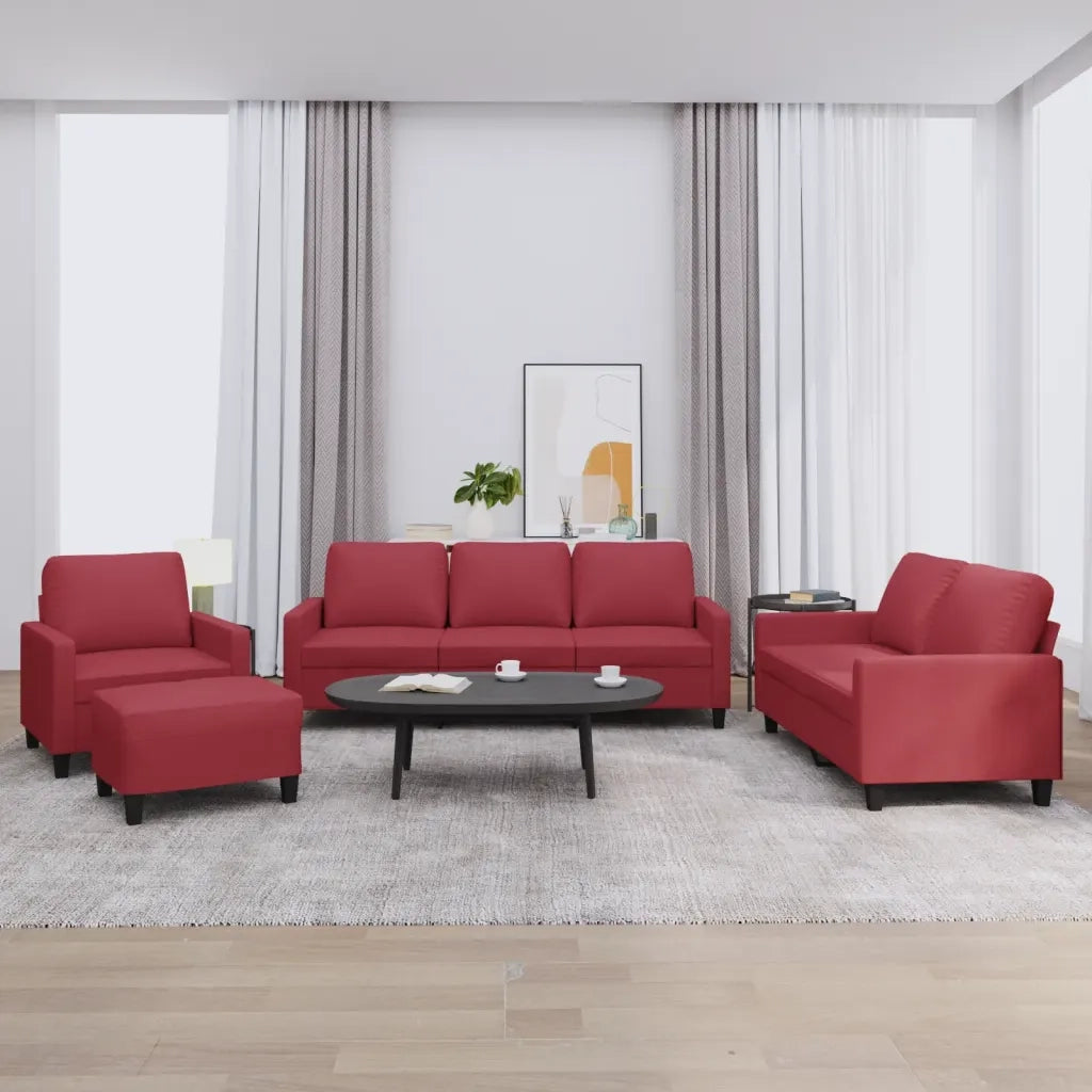 Set di Divani 4 pz con Cuscini Rosso Vino in Similpelle