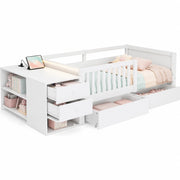 Letto per bambini 90x200 cm con contenitore separato; LED e presa; legno bianco