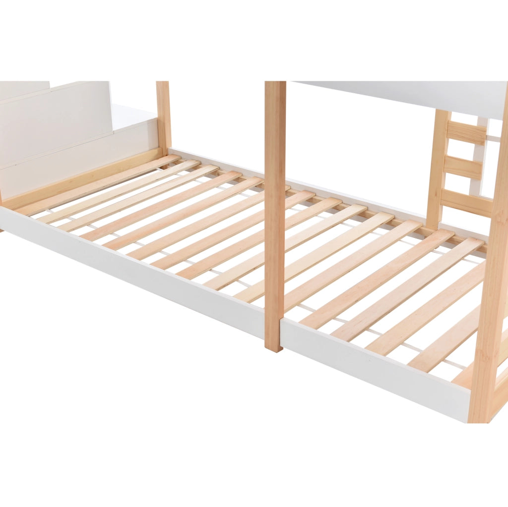 Letto a castello 90x200 cm con contenitore; casetta sull'albero; legno e MDF naturale e bianco