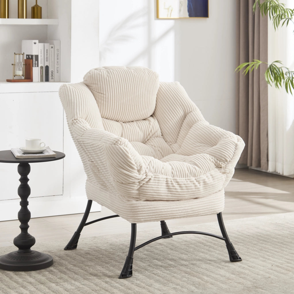 Fauteuil con pouf e tasca laterale con braccioli in acciaio e cotone PP bianco per soggiorno, relax e giardino