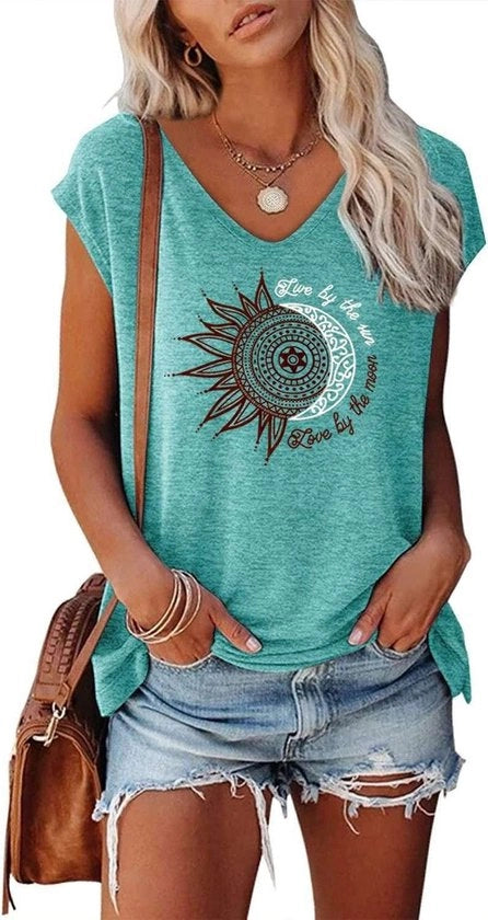 T-shirt con collo V - Maniche corte - Tessuto liscio/Stampato - Materiale morbido - Respirante - Adatto a diversi occasioni - Top