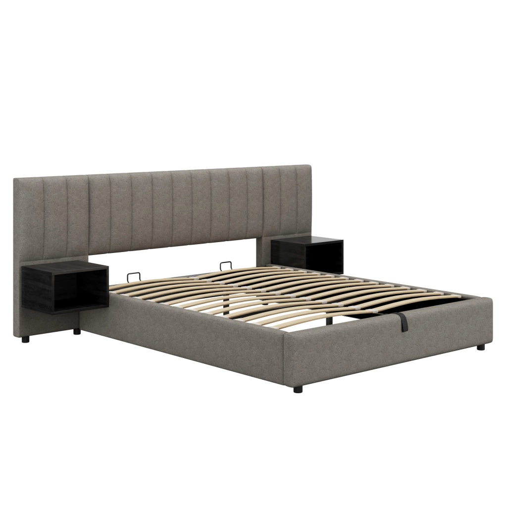 OKWISH Letto contenitore 160×200 cm, Letto Matrimoniale con Sollevamento Idraulico, 2 Comodini e Doghe in Legno, senza Materasso, Lino Grigio Nero