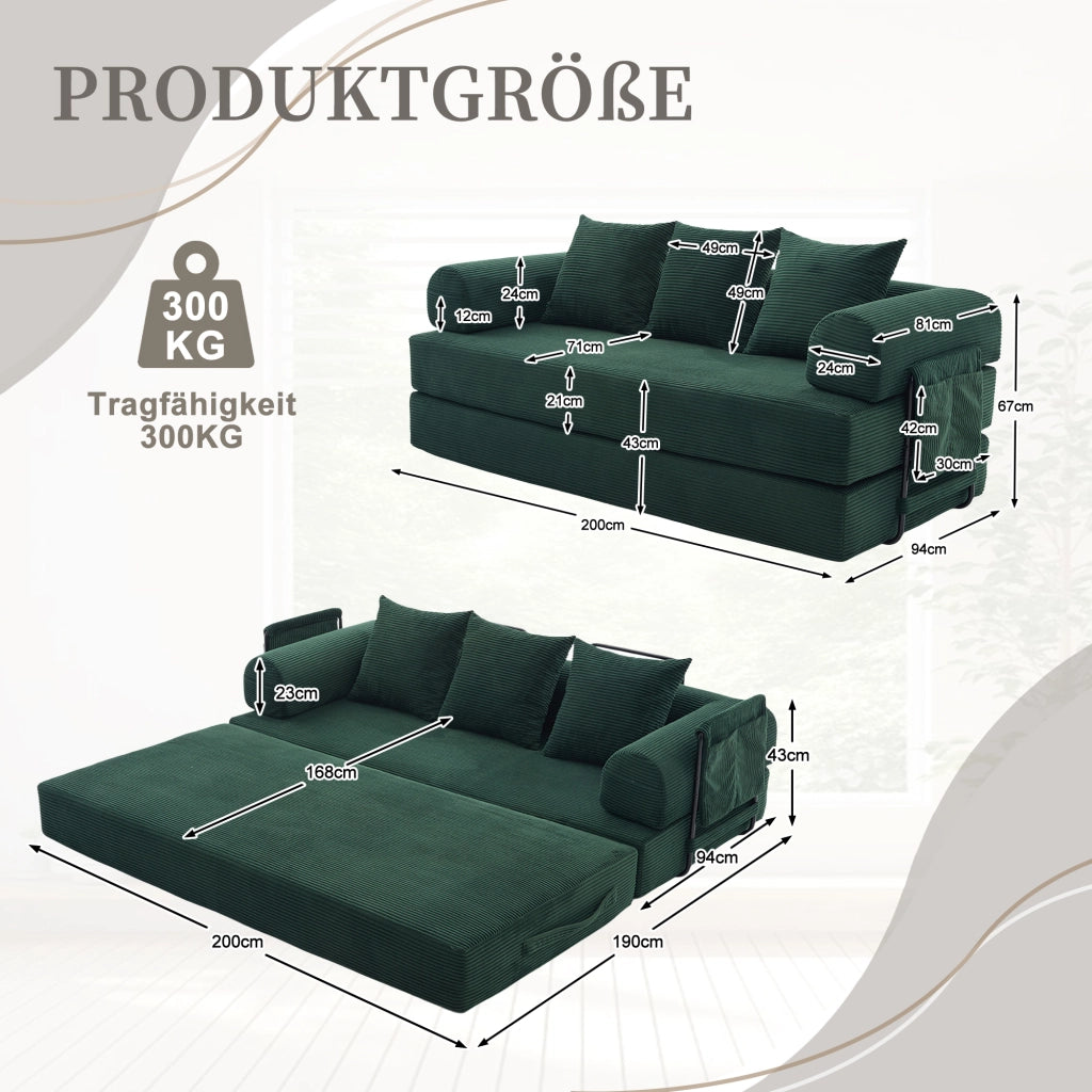 Divano modulare con tasca laterale, 3 cuscini e moduli liberi per salotto, in velluto a coste, Emerald