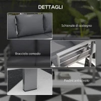 Divano da Giardino 3 Posti con Cuscini per Seduta e Schienale, in Alluminio, 185x66x64 cm, Grigio