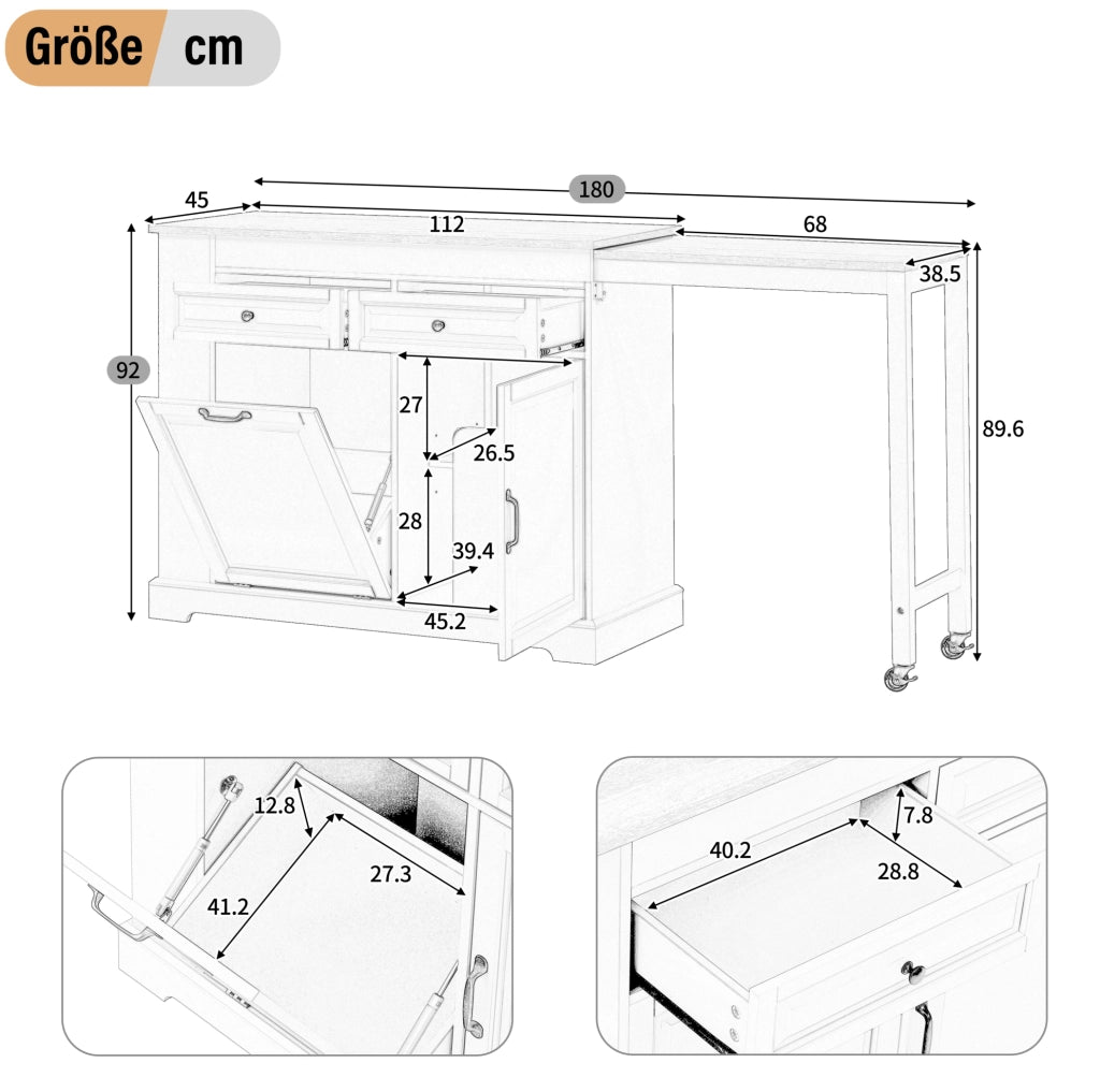 isola da cucina con ruote bianca e legno, piano laterale estensibile, contenitori