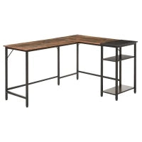 Scrivania Angolare in Stile Industriale con Ripiano Laterale, in Legno e Metallo Nero, 150x120x75cm