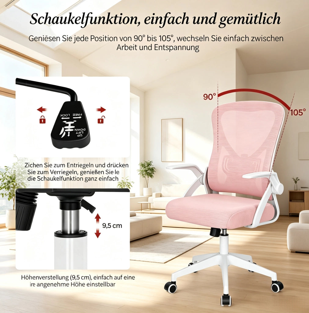 Sedia da ufficio ergonomica rosa con schienale in rete e braccioli pieghevoli, altezza regolabile