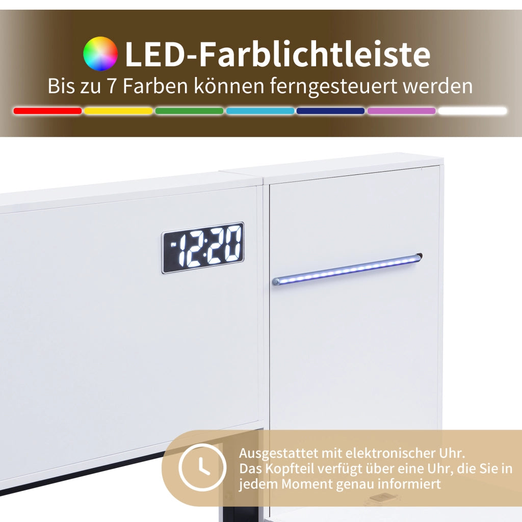 OKWISH Letto Contenitore 160×200 cm, Letto Matrimoniale con USB A, USB C, Orologio Elettronico, Altoparlante Bluetooth e LED Regolabile, senza Materasso, Bianco