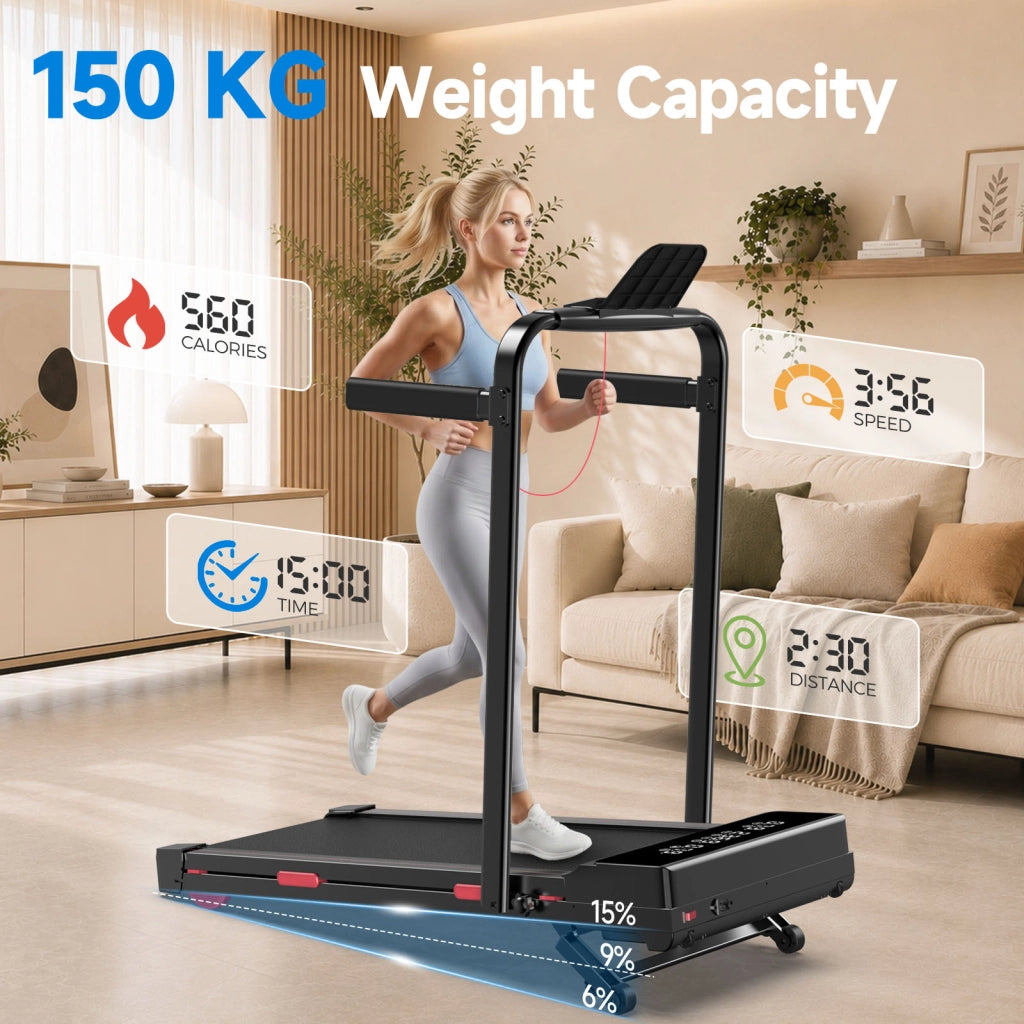 Tapis Roulant Pieghevole 2 in 1 con Corrimano e Pendenza Automatica 15%, Silenzioso  2,5CV, 1-10km/h, 150kg, Display LED, Telecomando e APP