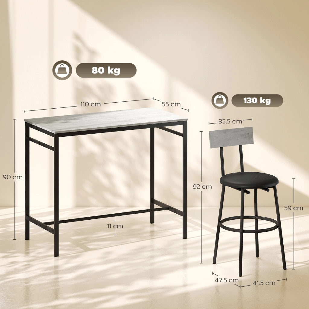 Set Tavolo Alto e 4 Sgabelli da Bar in Stile Industriale in MDF e Acciaio Grigio Cemento
